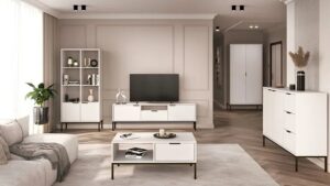 Biała Szafka Pod TV Na Czarnych Nóżkach 175 Cm F4-D82 – elegancka, funkcjonalna, nowoczesny styl glamour