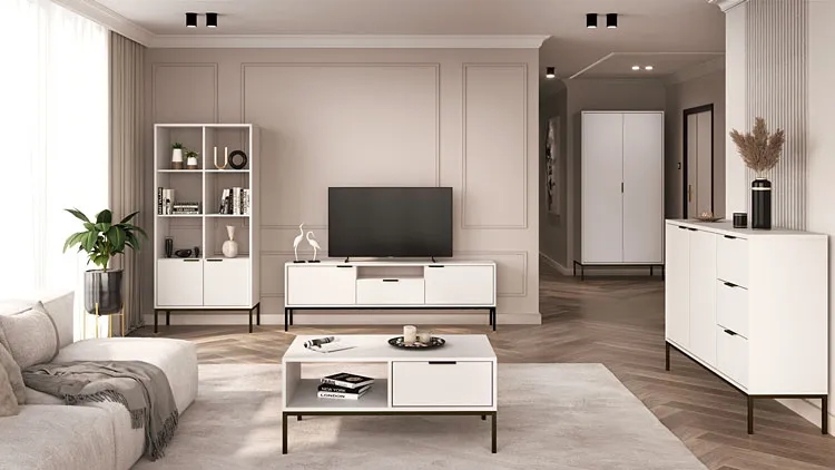 Biała Szafka Pod TV Na Czarnych Nóżkach 175 Cm F4-D82 – elegancka, funkcjonalna, nowoczesny styl glamour