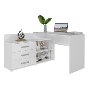Biurko komputerowe narożne Dany – modne z trzema szufladami, biel, 120x50x76 cm, płyta wiórowa laminowana