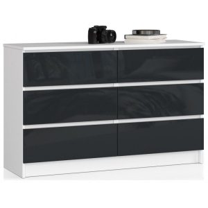 Komoda do salonu, sypialni, 6 szuflad, 120x40x77 cm, biel, grafit, połysk