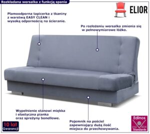 Ciemnoszara rozkładana wersalka z funkcją spania – nowoczesny minimalizm, pojemnik na pościel, komfortowy stelaż z drewna