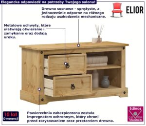 Sosnowa szafka RTV z 2 szufladami – Rodemo 3X, miodowy brąz, 100 cm