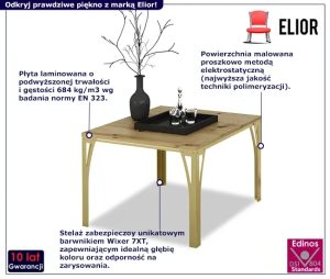 Skandynawski stolik kawowy złoty + dąb artisan – Dimea 3X, nowoczesny design, stabilna konstrukcja, niewielkie wymiary