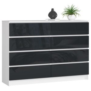 Komoda do sypialni, 8 szuflad, 140x40x99 cm, biel, grafit, połysk