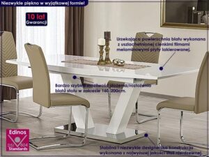 Biały nowoczesny stół do salonu – elegancki, minimalistyczny, 160-200 cm, płyta laminowana