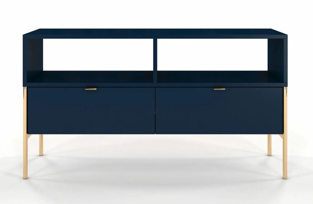 Szafka RTV w stylu glamour Marly 2X – elegancki design, granat, 120x37x65 cm, płyta meblowa