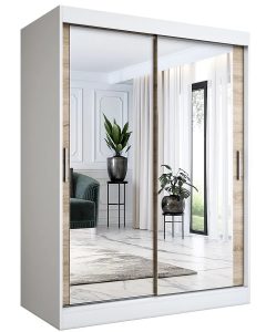 Szafa przesuwna z lustrem 150 cm – Kukkin 4X, biel + dąb sonoma, funkcjonalny design