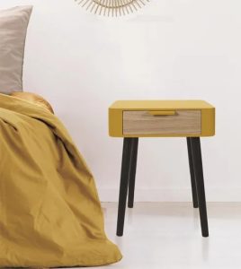 Designerski stolik nocny z szufladą Elior – żółty, czarny, płyta MDF, drewno sosnowe
