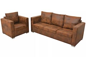 3-osobowa sofa i fotel do salonu – styl vintage, brązowy, zamszowa ekoskóra