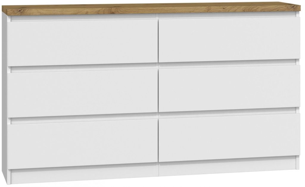 Komoda do sypialni, salonu, M6, 140x40x77 cm, biel, mat, dąb artisan