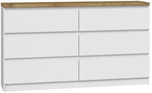 Komoda do sypialni, salonu, M6, 140x40x77 cm, biel, mat, dąb artisan