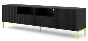 Czarna szafka rtv glamour z lamelami na złotych nogach – Dixter 4X, nowoczesny design, trwałe materiały
