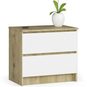 Niska komoda dąb artisan + biały – Morgana 3X, dwie szuflady, płyta laminowana