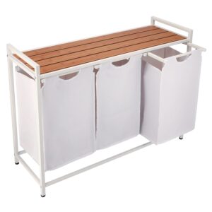 Kosz na pranie z półką – 3 pojemniki, biały, jasny brąz, 92x33x72 cm, MDF, stal