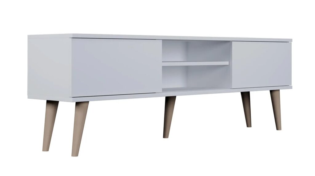 Biała szafka RTV na nóżkach – Dubby 5X 160 cm, elegancki design, wysoka jakość, regulowane półki