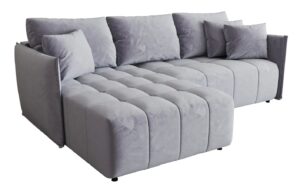 Błękitna welurowa sofa w kształcie litery L – komfortowe oparcie, pojemnik na pościel, uniwersalny montaż