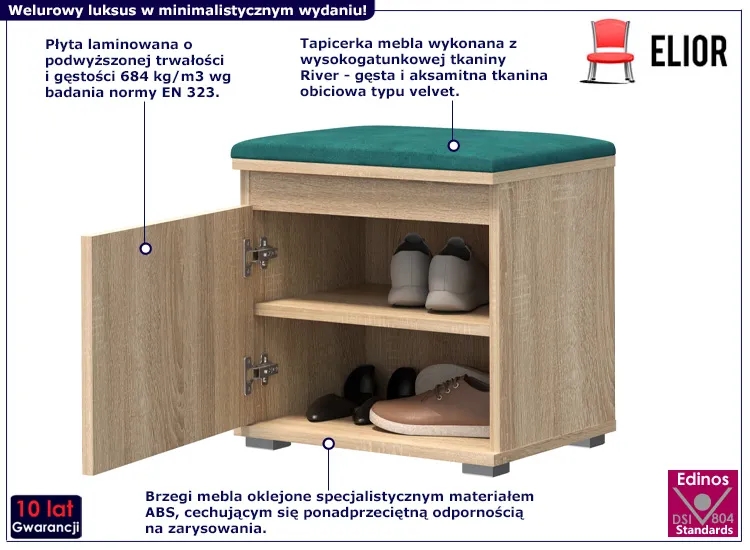 Minimalistyczna Szafka Na Buty Dąb Sonoma + Zielony P8-L19 – elegancka, welurowe siedzisko, wysoka jakość