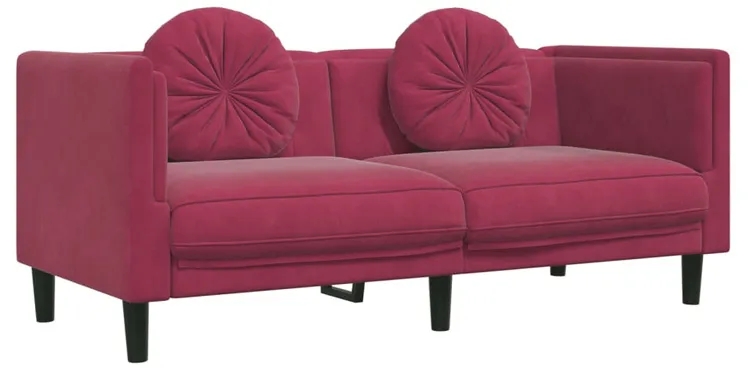 Aksamitna kanapa z poduszkami – nowoczesny design, winna czerwień, 1-osobowa, poliester