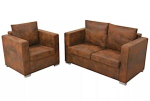 2-osobowa sofa oraz fotel – styl vintage, brązowy, zamszowa ekoskóra