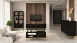 Stojąca szafka RTV w stylu glamour 135 cm czarny + złoty – Pascal 5X, elegancki design, funkcjonalność