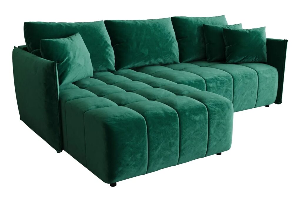 Zielony welurowy narożnik z funkcją spania A6-C86 – elegancki, uniwersalny, z pojemnikiem na pościel, tapicerka velvet