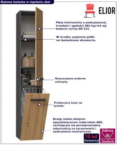 Wąska Szafka Łazienkowa Z Koszem – nowoczesny design, dąb artisan antracyt, 31x30x174 cm, laminowana płyta meblowa
