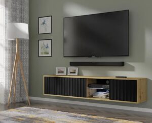 Frezowana ścienna szafka rtv dąb artisan + czarny – elegancka, funkcjonalna, minimalistyczna