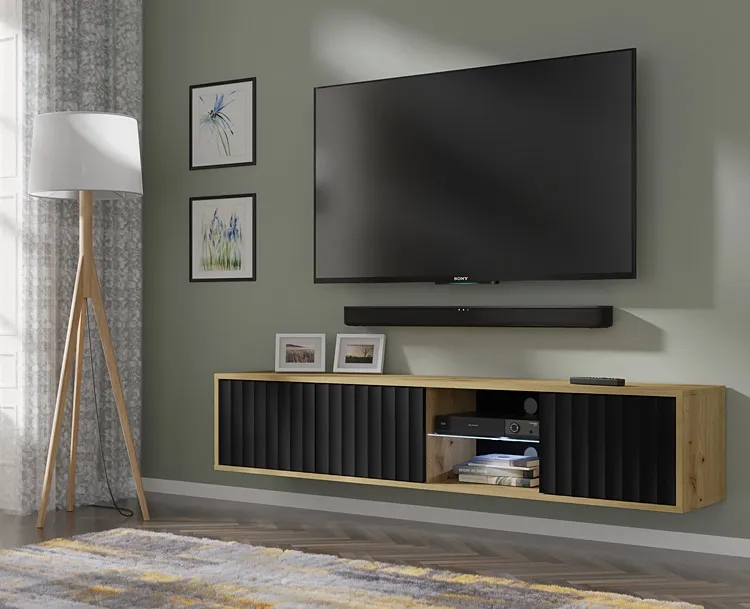Frezowana ścienna szafka rtv dąb artisan + czarny – elegancka, funkcjonalna, minimalistyczna