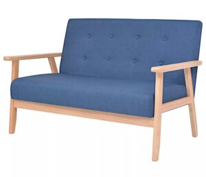 Niebieska sofa 2 osobowa S3-H33 – pikowane oparcie, drewniana rama, tkanina Alcantar Pro