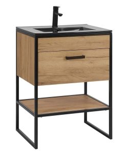Szafka łazienkowa pod umywalkę stojąca dąb craft – Favero 3X 60 cm, industrialna, z szufladą, z półką