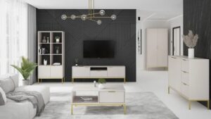 Szafka RTV na złotych nóżkach 135 cm kaszmir – elegancki design, funkcjonalność, kolekcja Elior
