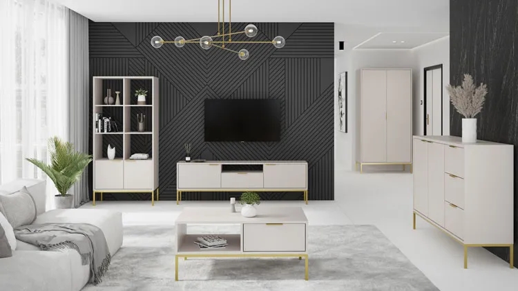 Szafka RTV na złotych nóżkach 135 cm kaszmir – elegancki design, funkcjonalność, kolekcja Elior