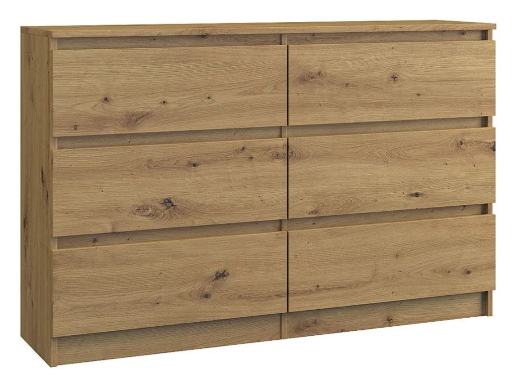 Szeroka Komoda Dąb Artisan E8-N37 – minimalistyczny design, 6 szuflad, dąb artisan, 120 cm szerokości