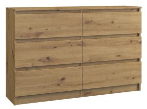 Szeroka Komoda Dąb Artisan E8-N37 – minimalistyczny design, 6 szuflad, dąb artisan, 120 cm szerokości