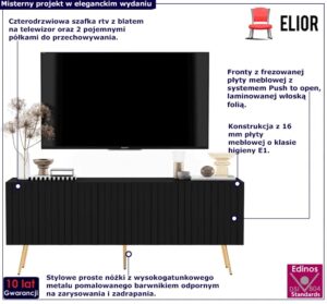 Czarna lamelowa szafka pod TV Filo 14X – nowoczesność i elegancja, kolor czarny mat, metalowe nóżki
