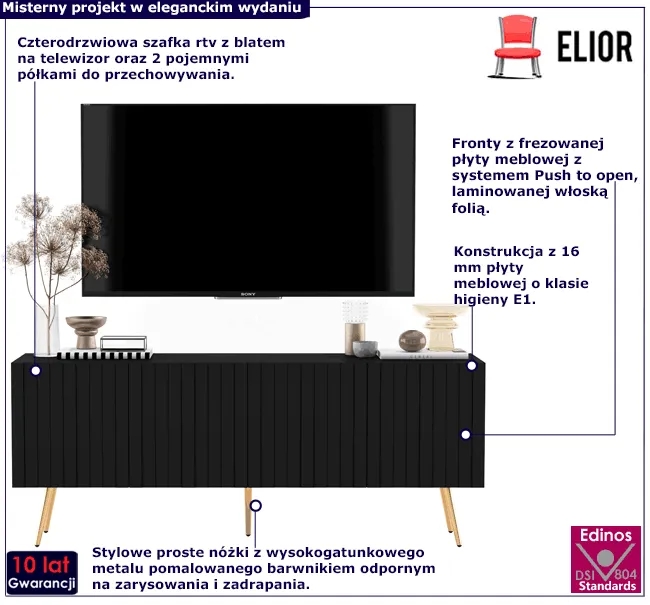 Czarna lamelowa szafka pod TV Filo 14X – nowoczesność i elegancja, kolor czarny mat, metalowe nóżki
