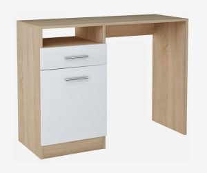 Biurko z szufladą i drzwiczkami dąb sonoma + biały – Alfinete, nowoczesne, funkcjonalne, trwałe