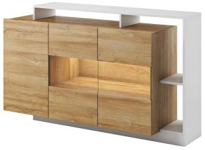 Komoda dąb grandson + biały mat – funkcjonalny design, pojemne szafki, 94 cm wysokości, 155 cm szerokości, 30-44 cm głębokości