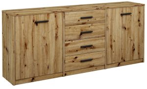 Długa komoda z szufladami i drzwiczkami dąb artisan – Cermesa 4X, pojemna, uniwersalny design, 177 cm