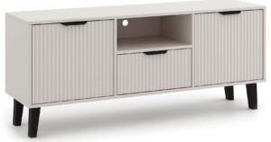 Kaszmirowa ryflowana szafka RTV na nóżkach P6-R32 – minimalistyczna elegancja, kolor kaszmir, 140 cm szerokości