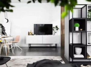 Szafka rtv na nóżkach biała – Merol 5X, loftowy styl, 120 cm, metalowa rama