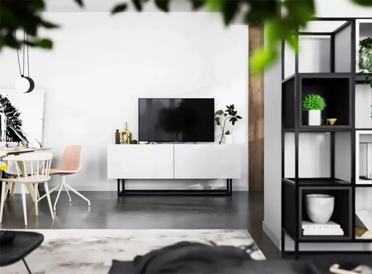Szafka rtv na nóżkach biała – Merol 5X, loftowy styl, 120 cm, metalowa rama