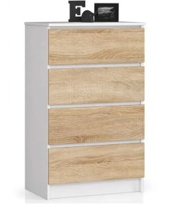 Komoda Z Szufladami Bez Uchwytów Biała + Dąb Sonoma N3-L13 – funkcjonalne przechowywanie, nowoczesny design, 60x99x40 cm, płyta laminowana