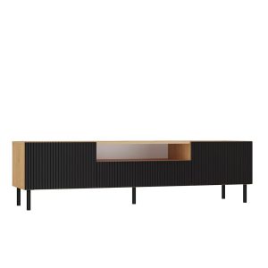 Szafka RTV ryflowana, Kama Slim, 160x40x43 cm, dąb artisan, czarny