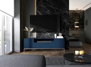 Granatowa stojąca szafka na TV z lamelami – Filo 7X, nowoczesny design, 51,5 cm wysokości, 150 cm szerokości, metalowa rama