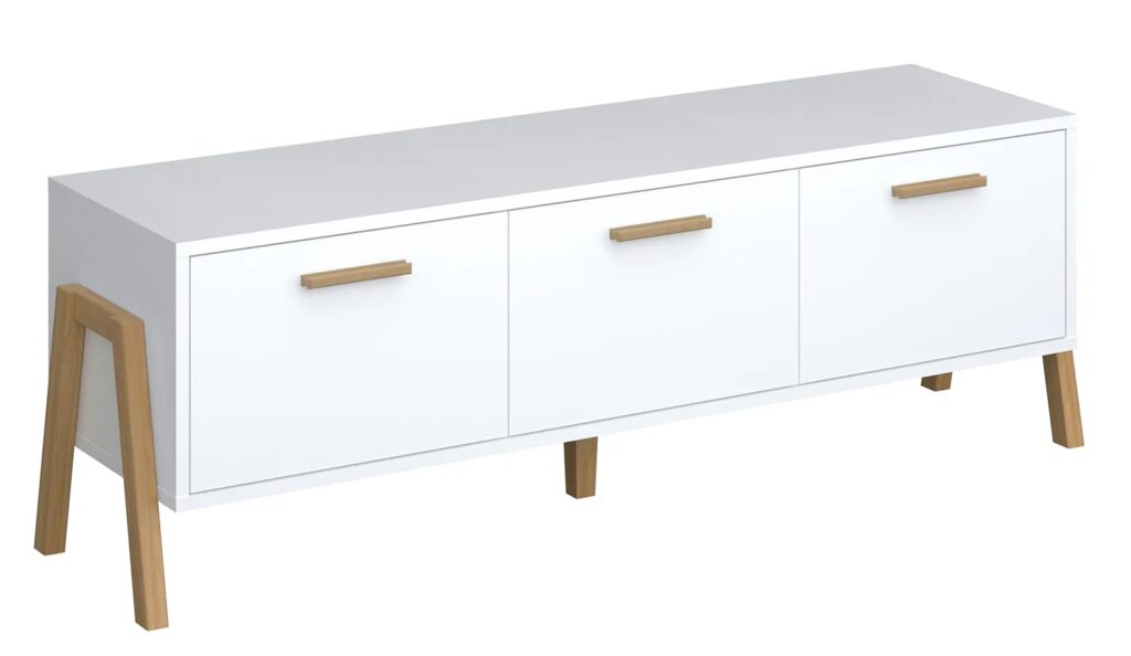 Biała skandynawska szafka RTV – elegancka, funkcjonalna, naturalne drewno