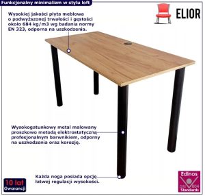 Proste loftowe biurko z regulacją wysokości nóżek 120×60 dąb craft złoty – Roteso