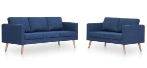 Komplet 2 sof wypoczynkowych Kazora – elegancki design, niebieski, tkanina Alcantar Pro