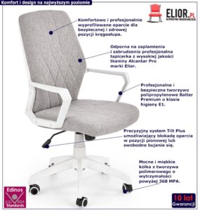 Minimalistyczny fotel biurowy Rexor – komfortowe oparcie, popielaty i biały, materiał Alcantar Pro