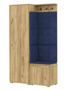 Zestaw mebli do przedpokoju dąb craft + granat – Fazo 4X, szafa, wieszaki, półka, szafka na buty, welurowy panel